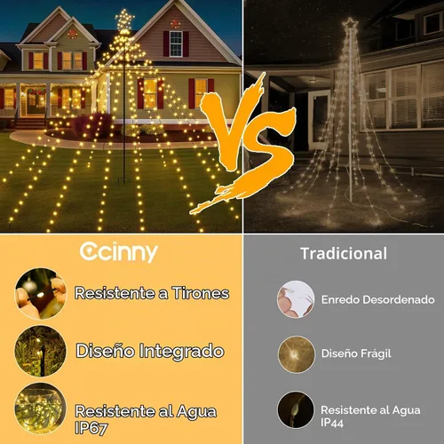 Vista 5 de Luces de árbol de Navidad de 340 LED con estrella superior, IP67, impermeable, control remoto, luces de cascada con poste, 16 modos, 3