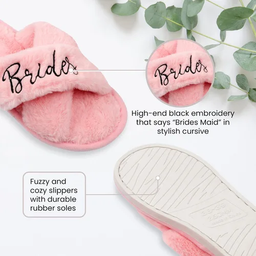 Vista 4 de Bride Slippers and Bridesmaid Slippers Bride Gifts for Bridal Shower, Bachelorette Party, Engagement Party, Wedding Day, etc. Cozy White Fur Bride