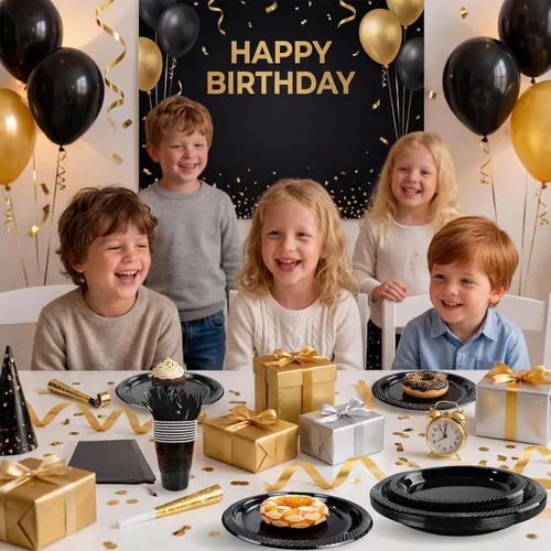Vista 4 de MirthMood - 350 platos desechables negros, platos negros, suministros de plástico para fiestas, incluye 50 platos llanos, 50 platos de ensalada, 50
