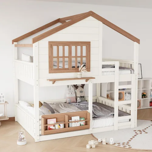Vista 29 de Cama de Casa Tamaño Twin con Elegantes Ventanas y Estantería, Marco de Litera con Diseño de Castillo de Madera con Barandillas de Seguridad