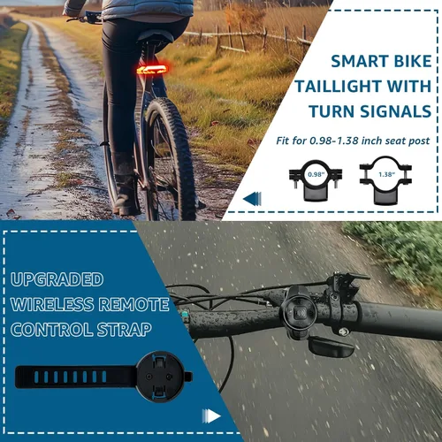 Vista 5 de Ebike Turn Signals, Rechargeable Bike Tail Light with Remote IP65 Waterproof Bicycle Rear Light, USB Rechargeable, Wireless Control Blinkers Fits
