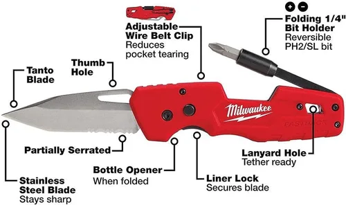 Vista 4 de Milwaukee FASTBACK - Navaja plegable con hoja multifuncional, rojo y negro
