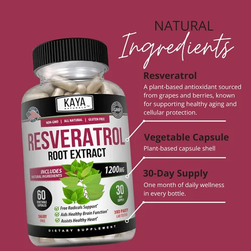 Vista 5 de Kaya Naturals - Cápsulas de resveratrol - Suplemento antienvejecimiento - Antioxidantes con apoyo cerebral - Beneficios máximos - 60 cápsulas
