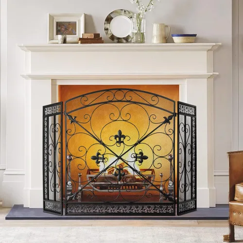 Vista 10 de BEAMNOVA - Pantalla para chimenea de 50.2 x 34.3 pulgadas, color negro, con puertas y herramientas, protector contra chispas de 3 paneles, plegable