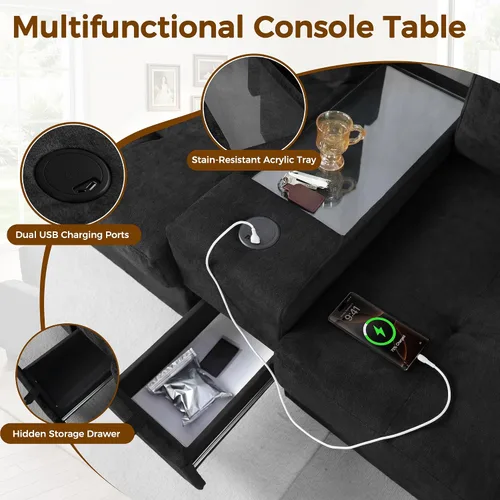 Vista 17 de Sofá modular de 103 pulgadas con 2 consolas acrílicas, juego de sofá en forma de U de gran tamaño con cargador USB, cajones de almacenamiento, Beige