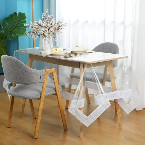 Vista 4 de Mixweer Protector Cubierta de Mesa de Vinilo Transparente Impermeable Mantel de Plástico para Mesa de Comedor Mantel de Encaje Blanco para Mesas