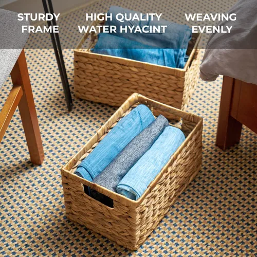 Vista 5 de BARIEN Juego de 6 cestas de almacenamiento tejidas de jacinto de agua natural de 12.6 x 8 x 7 pulgadas, cesta rectangular de mimbre con asas