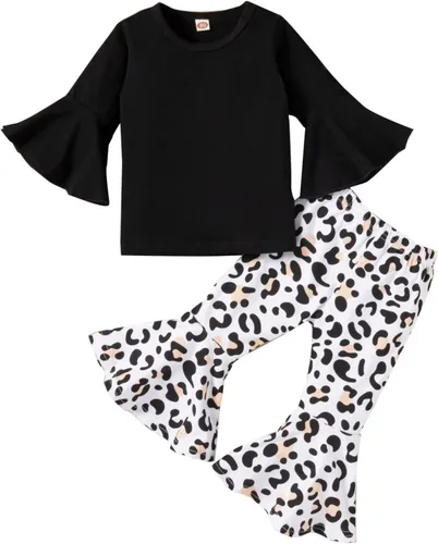 Vista 3 de SHAGMTLI Toddler Baby Girl Bell-Bottom Pants Leggings Outfit Suit Little Girls Flared-Sleeve Top + Leopard Printed Trousers