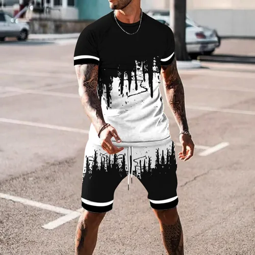 Vista 2 de Traje deportivo para hombre camiseta y pantalones cortos conjunto de dos piezas estampado de moda manga corta casual pantalones cortos
