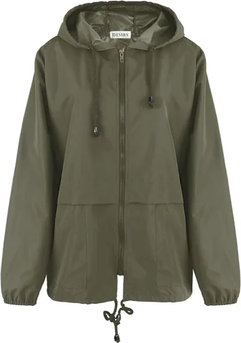 Vista 4 de PESION Chaqueta impermeable ligera para mujer, rompevientos con capucha y bolsillo para exteriores Verde militar