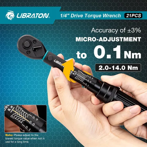 Vista 2 de LIBRATON - Llave dinamométrica para bicicleta de 1/4", 2-14 Nm, llave dinamométrica de engranaje de 72 dientes 0.1 Nm Micro Click Torque Wrench