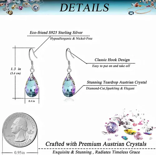 Vista 64 de Aretes colgantes de cristal austriaco con forma de lágrima para mujer, joyería hipoalergénica de plata de ley 925