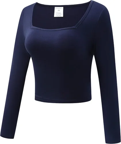 Vista 2 de OThread & Co. Camiseta corta de manga larga con cuello cuadrado para mujer