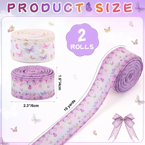 Vista 2 de Tigeen 2 rollos de cinta de arpillera con borde de mariposa de 20 yardas de 1.6 pulgadas, cinta de arpillera de flores de mariposa morada