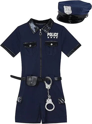 Vista 4 de Uniforme de policía de policía para mujer, disfraz de Halloween con cinturón, bolso, sombrero, puños