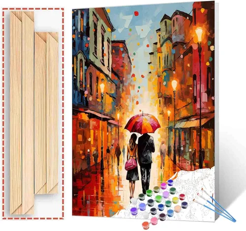 Vista 12 de Kits de pintura romántica por números para parejas con pinceles y pigmento acrílico sobre lienzo para adultos, niños y niñas bajo un paraguas