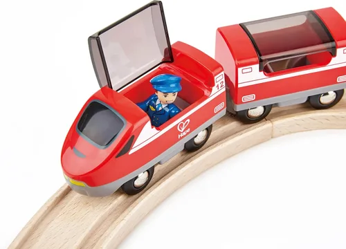 Vista 7 de Hape Juego de cruces y grúas Juego de carga ferroviaria de madera de 32 piezas para niños, multicolor