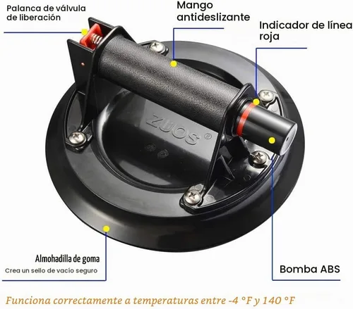 Vista 2 de Elevador de vidrio de mano resistente con ventosa de 8 pulgadas, potente elevador de vacío industrial con asa para elevación de granito y reemplazo
