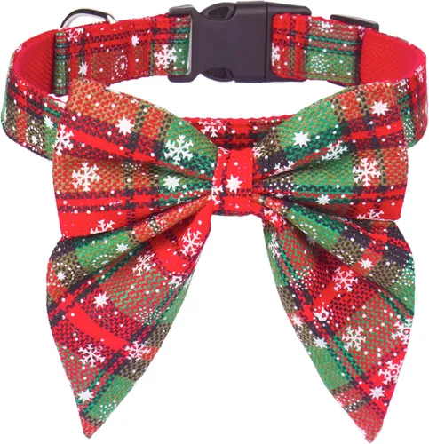Vista 23 de ADOGGYGO Collar de Navidad para perro con lazo, ajustable de algodón rojo a cuadros, collares de Navidad para perros pequeños, medianos y grandes