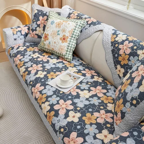 Vista 9 de Funda de algodón con retazos para sofá, funda acolchada con estampado floral de granja para sofá modular, funda antideslizante para sofá seccional