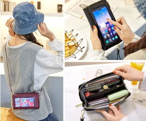 Vista 7 de Bolsos cruzados con pantalla táctil para mujer, monedero con bloqueo RFID, carteras de embrague, tarjetero
