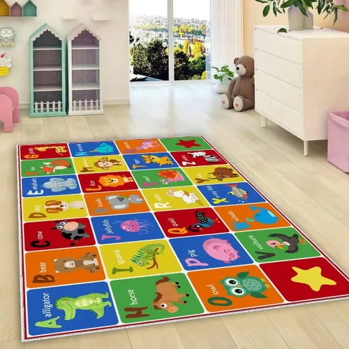 Vista 5 de ABC - Alfombra de animales del alfabeto, tapete educativo de juego de aprendizaje de letras para niños, tapete de piso para gatear en el dormitorio