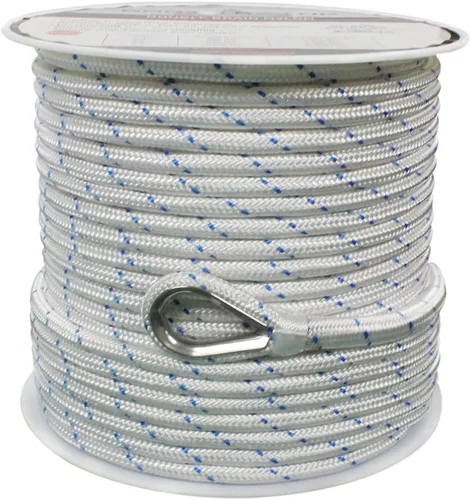 Vista 2 de Extreme Max 3006.2514 BoatTector - Línea de anclaje de nailon con doble trenza con dedal, 1/2" x 150', color blanco con trazador azul Blanco con azul