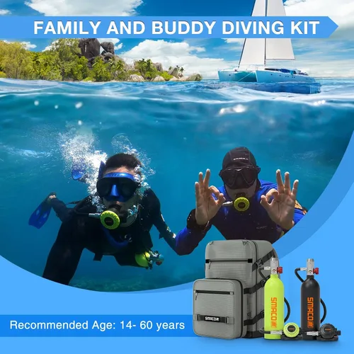 Vista 4 de SMACO Mini tanque de buceo portátil de 1 litro (2 piezas) reutilizable, botella de poni, cilindro de aire de buceo de reserva de hasta 20 minutos