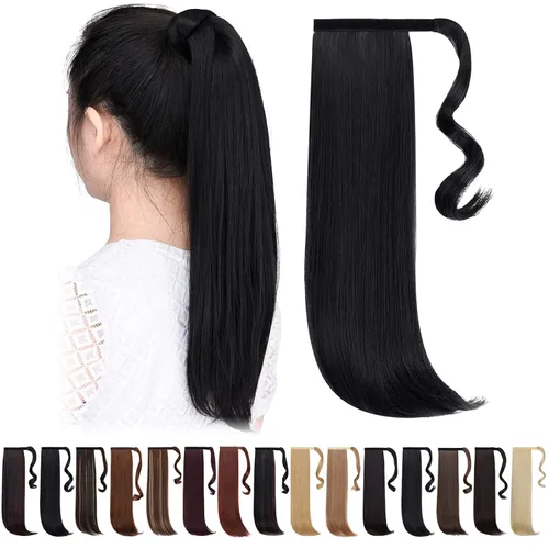Vista 35 de Extensiones de cola de caballo negras, colas de caballo rizadas con clip, 22 pulgadas, 3.5 onzas, extensión de cabello sintético envolvente del pelo