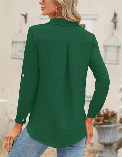 Vista 46 de Odosalii - Camisas con botones para mujer, con cuello en V, manga larga, enrolladas, blusas elegantes y formales para negocios y ocasiones casuales