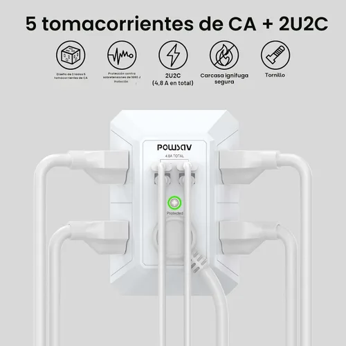 Vista 2 de Regleta de alimentación de 5 tomas con 4 puertos USB, protector de sobretensiones para el hogar, oficina, escuela, certificación ETL