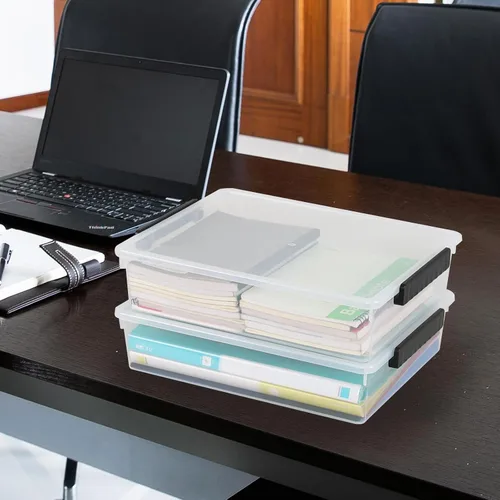 Vista 5 de Paquete de 4 contenedores planos de plástico con tapas, caja de almacenamiento transparente apilable de 6 cuartos de galón