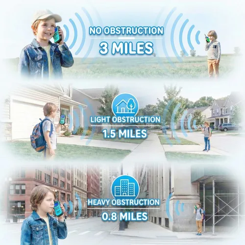 Vista 2 de QUOLIX Walkie Talkies para niños, paquete de 2 unidades, juguetes recargables para niños de 3 a 12 años, Walkie Talkie de largo alcance con 22