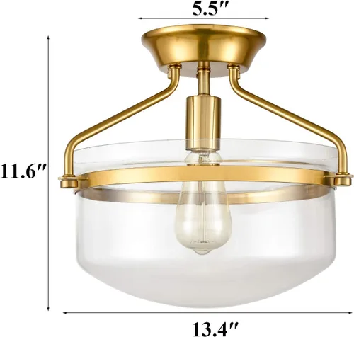 Vista 5 de YUBOLE Mid-Century - Lámpara de techo semiempotrada dorada con pantalla de cristal transparente de cúpula de 13.4 pulgadas de ancho para cocina