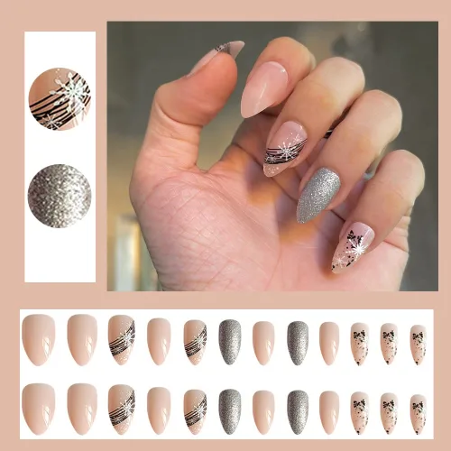 Vista 3 de Uñas postizas a presión con copos de nieve, uñas postizas brillantes de almendra, pegamento de Navidad nude para uñas a presión con copos de nieve