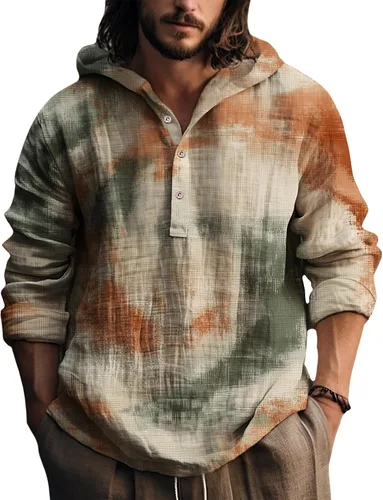 Vista 15 de Sudaderas con capucha para hombre, con estampado de teñido anudado, cuello en V, manga larga, con botones, de gran