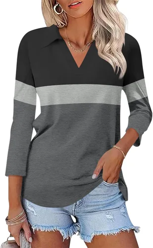 Vista 19 de TICTICMISS - Camisas polo de cuello en V para mujer, manga 3/4, con cuello, tops casuales de negocios, tops de verano a la moda, holgados