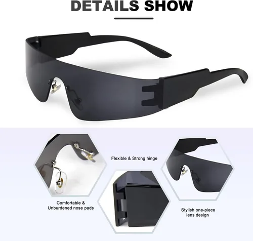 Vista 5 de Gafas de sol futuristas envolventes Y2K plateadas, de moda, sin marco, gafas Cyberpunk para mujeres y hombres, fiesta rave