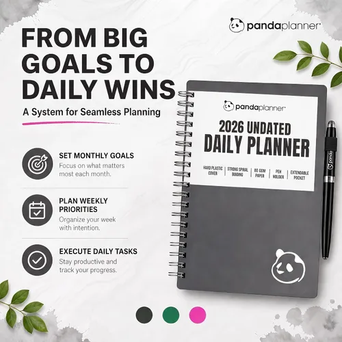 Vista 4 de Panda Planner Agenda diaria sin fecha 2026, 5.75 x 8.25 pulgadas, gris 90-Day Spiral Academic, Productivity Planner, Hourly Schedule, To-Do List