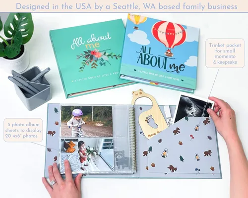Vista 4 de RubyRoo Baby Libro de recuerdos con calcomanías de hitos – Álbum de fotos de primeros 5 años para bebé, niño o niña, regalo de embarazo para baby