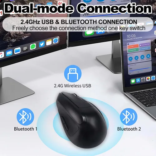 Vista 5 de Ratón inalámbrico Bluetooth, ergonómico, vertical, recargable, silencioso, portátil, inalámbrico, modo dual, de alta precisión, con receptor USB