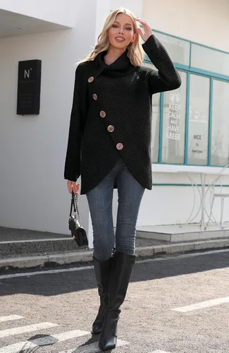 Vista 2 de GRECERELLE - Suéteres de cuello alto con cuello grueso, manga larga, dobladillo asimétrico, sueltos, de punto, para mujer, de otoño, S-2XL 02 negro