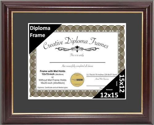 Vista 12 de Creative Picture Frames Marco para Diploma de Caoba con Borde Dorado de 12x16 pulgadas con Vidrio y Paspartú Negro y Colgadores de Pared Instalados