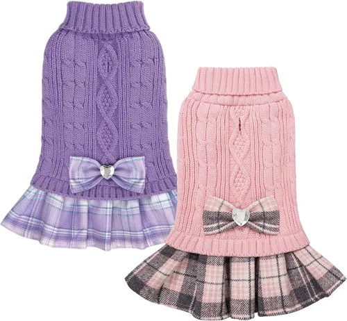 Vista 11 de YUDODO Small Dog Sweater Dress with Bowtie Turtleneck - Knitted Pet Clothes Dusty Pink