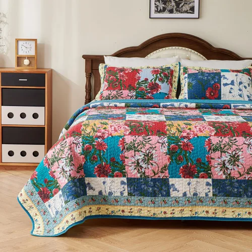 Vista 5 de EVENHUG Juego de edredón de retazos de 100% algodón, tamaño Queen, ligero, floral, juego de ropa de cama, colcha reversible con fundas de almohada