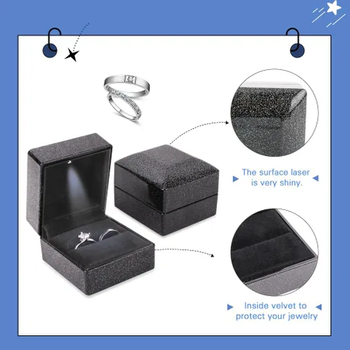 Vista 4 de iSuperb Caja de anillo con luces LED, 2 unidades, para propuestas, compromisos, bodas, regalos (paquete de 2 unidades, cielo estrellado, negro)