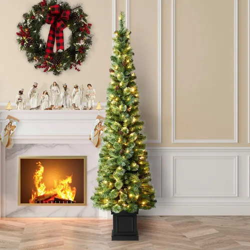 Vista 20 de Glitzhome - Árbol de Navidad artificial delgado preiluminado de 2.4 m, con ramas de pino Aspen Frostfall, soporte plegable de metal, 500 luces Aspen