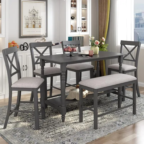 Vista 30 de Juego de mesa de comedor de madera de 6 piezas, juego de mesa de cocina con rectangular, juego de mesa de comedor con banco tapizado y 4 sillas