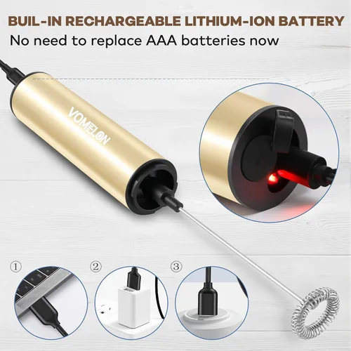 Vista 3 de Espumador de leche recargable de mano, espumador eléctrico de mano, mezclador de bebidas para café, lattes, capuchino y huevo, acero inoxidable