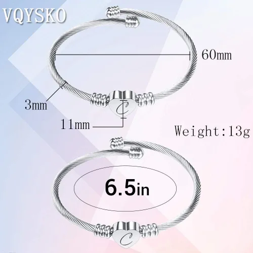 Vista 5 de VQYSKO Silver Heart Initials Bracelet-A-Z Stainless Steel Engraved Charm Bracelet, Woman Jewelry Birthday Festival Gift